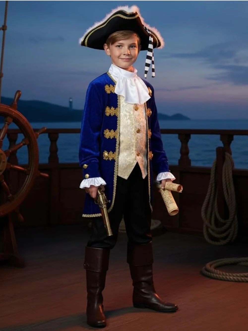 Blue velvet pirate costume with gold trim and white ruffled collar, Boys 8-10